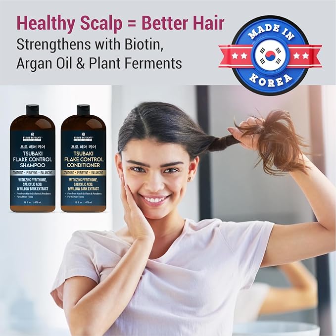 Korean Flake Control Shampoo & Conditioner Set – Fights Hair Loss, Dandruff, Lice & Itchy Scalp, Promotes Hair Growth With Zinc Pyrithione, Salicylic Acid - Free from Harsh Sulfates & Parabens –16 oz