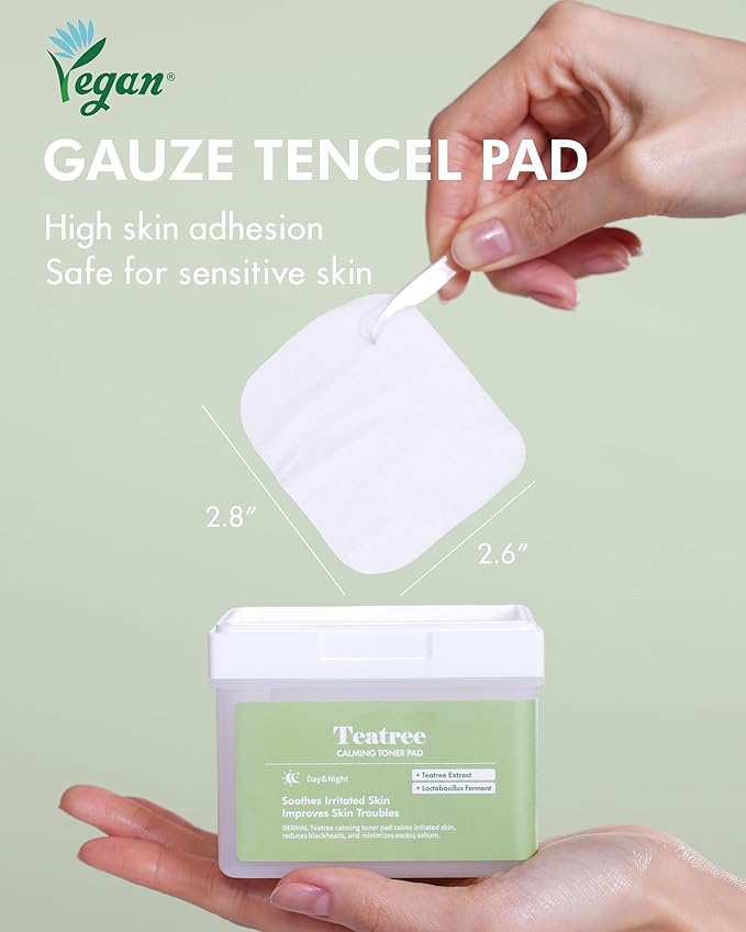 DERMAL Tea Tree Calming Toner Pads 120 Count – Zinc PCA Lactobacillus for Oily Blemish-Prone Skin – Vegan Gauze Tencel Pads with Tweezers (Korean Skincare)