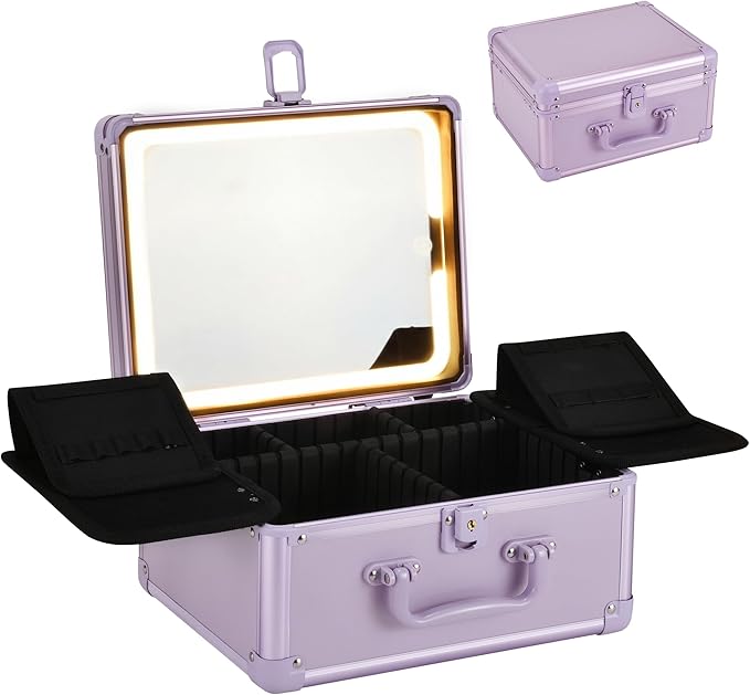 Makeup Case with Lighted Mirror, Makeup Box Organizer with Detachable LED Mirror, Travel Makeup Train Case, Waterproof Cosmetic Organizer, Standing Brush Holder, Gift, Purple