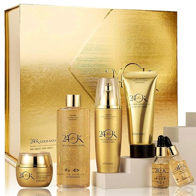 24K Gold Skin Care Set for Women, 6-Piece Collection Anti-Aging Skincare Kit: Facial Cleanser 100g, Toner 300ml, Essence Milk 100ml, Face Cream 50g, 2 Serums 15ml for Valentine's Day, Mother's Day