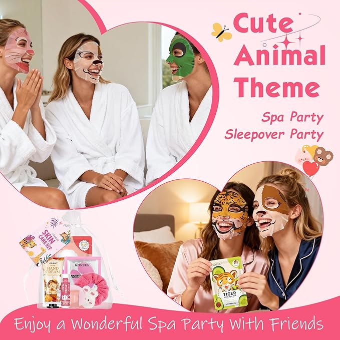 70PCS Animal Spa Party Supplies for Girls, Spa Party Favors Kit Include Girls Face Mask, Lip and Eye Mask Set, Lip Balm, Hand Cream and Foot Bath Bombs, Spa Birthday and Sleepover Party Supplies Gifts