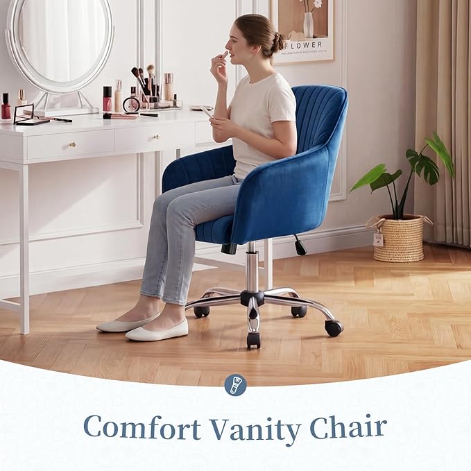 Warmiehomy Desk Chair, Velvet Office Chair for Home Office, Comfy Vanity Chair, Girl Cute Makeup Chair with Arm Rest for Bedroom Dressing Room, Dark Blue