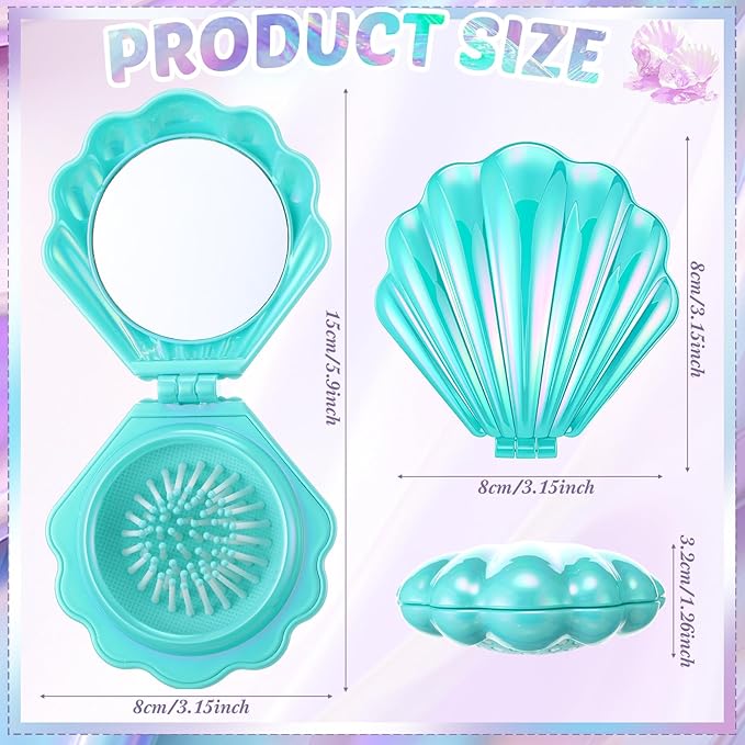 Meanplan 12 Pcs Mermaid Party Favors Shell Hair Brush with Mirror Foldable Mini Travel Pocket Hair Brush Compact Makeup Comb for Women Girls Valentines Day Birthday Gifts(3 Colors)