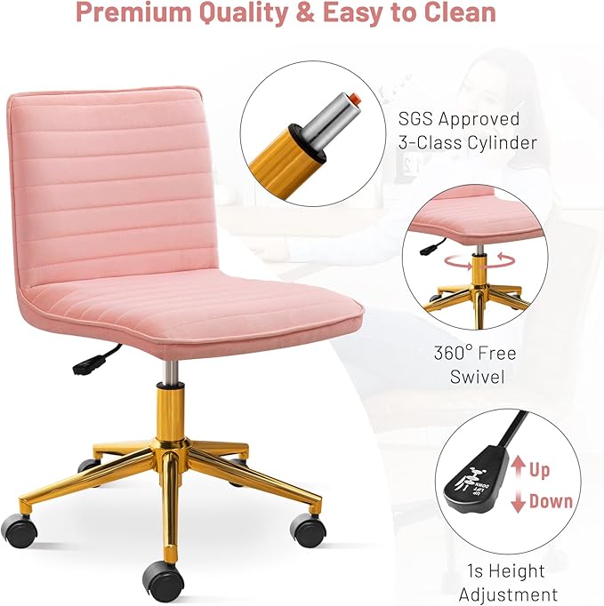 Furniliving Armless Vanity Chair with Wheels, Computer Rolling Desk Chair with Back, Pink Office Chair with Height Adjustable Soft Velvet Fabic Gold Metal Base Stool,Pink