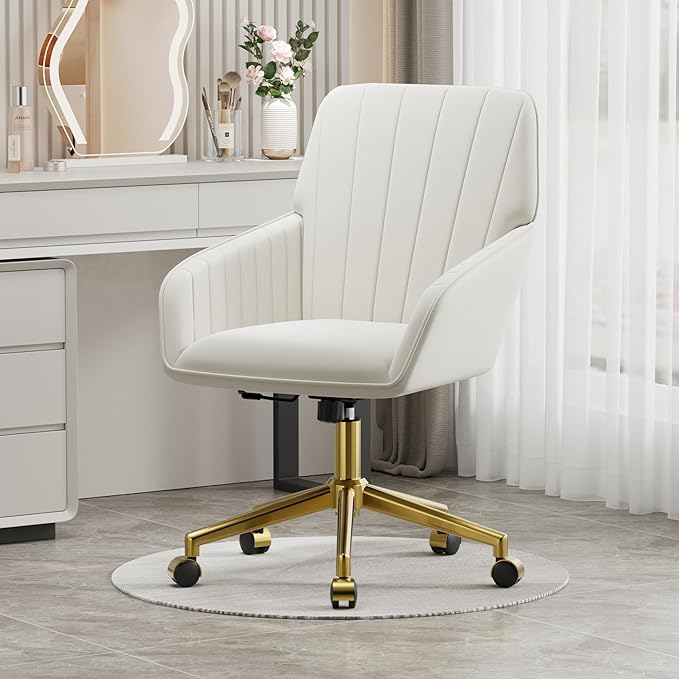YISHENG Velvet Home Office Chair with Gold Base Upholstered Tufted Modern Height Adjustable 360 Degree Swivel Desk Chair with Wheels, Vanity Chairs for Living Room, Bedroom,Study Room (Cream)