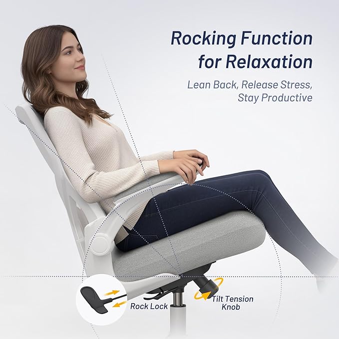Office Chair for Long Hours & Lower Back Pain Relief – 4" Thick Molded Foam Cushion, Padded Lumbar Support and Flip-up Armrests, Ideal for Office or Study (Modern, Light Gray)