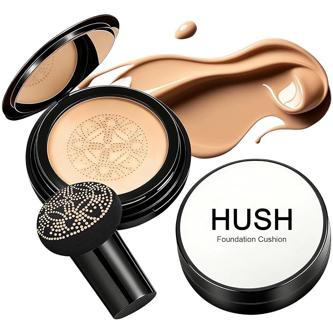Hush Foundation for Mature Skin，Warm Tone CC Air Cushion Foundation，Moisturizing & Skin-Care Air Cushion Foundation，Luvie Glow Foundation Full Coverage Long-Lasting BB Cream with Mushroom Applicator