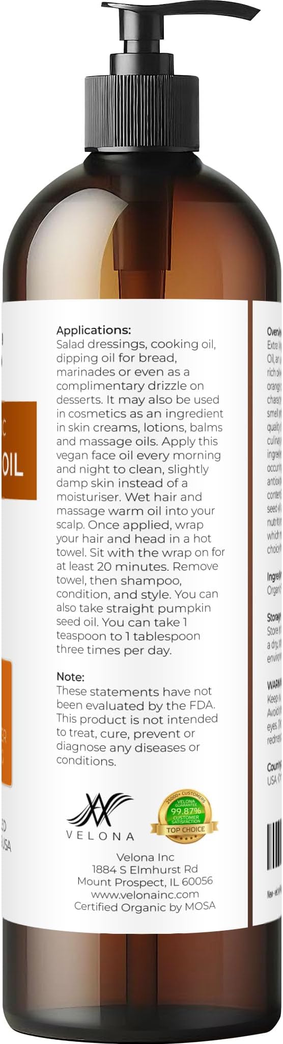 velona Pumpkin Seed Oil USDA Certified Organic - 8 Fl Oz | 100% Pure and Natural Carrier Oil | Unrefined, Cold Pressed | Cooking, Face, Hair, Body & Skin Care | Use Today - Enjoy Result