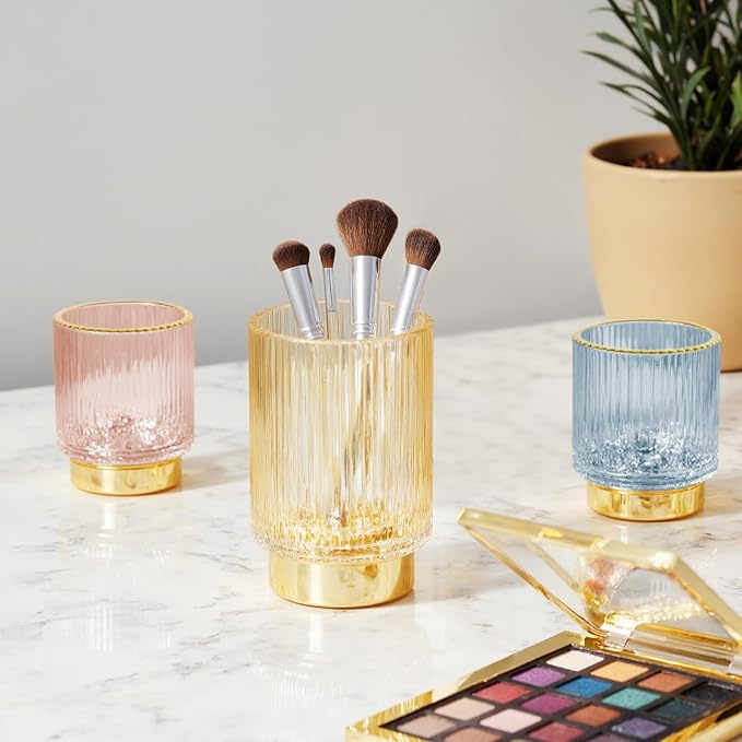 Makeup Brush holder Organizer, Crystal Glass Toothbrush Holders, Striped Make Up Brush Holder for Vanity, Pen Holder for Desk, Vase -Gold (S+L)