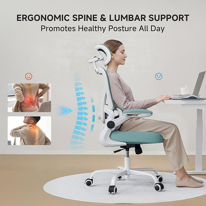 Ergonomic Office Chair, 330LBS Desk Chair with 3-Level Lumbar Support & Headrest, Breathable Mesh Backrest, Flip-Up Armrests for Home Office and Gaming, Blue