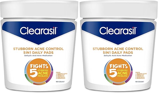 Clearasil Stubborn Acne Control 5in1 Daily Facial Cleansing Pads, with Salicylic Acid Acne Treatment Medicine, 90 Count (Pack of 2)