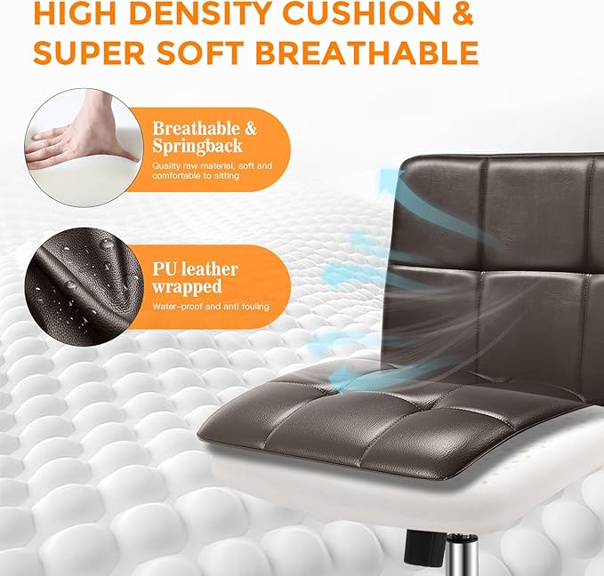 360° Office Desk Chair,PU Adjustable Rolling Task Chair with Backrest for Barber,Office,Home, Computer,360° Swivel,Armless，desk chair without arms，office chair 400+ lb weight capacity(Widened Brown)