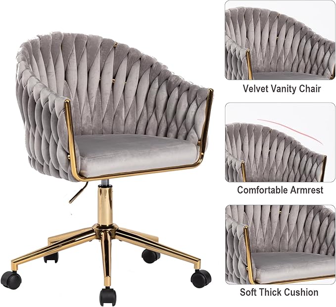 Velvet Office Chair with Hand Woven Back, Vanity Desk Chairs with Golden Wheels, Swivel Home Office Desk Chair, Accent Makeup Desk Chair for Bedroom, Living Room(Grey)