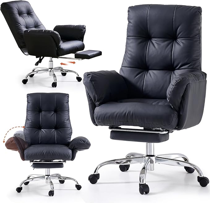 EMIAH Criss Cross Chair with Wheels Office Chair with Foot Rest and Flip-up Arms Reclining Desk Chair Comfy PU Leather Rolling Computer Home Office Chair (Black)