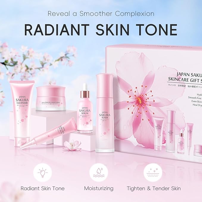 Cherry Blossom Skin Care Gift Set for Teenage Girls Women, 5 Piece Hydrating & Cleaning Skincare Sets Routine Kit with Cleanser , Toner, Serum, Eye Cream, Essence Cream Anti-Aging Skin