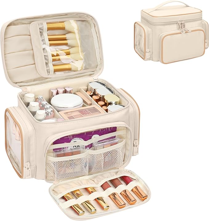 Large Makeup Bag, Portable Travel Makeup Bag Organizer for Women Girls with Makeup Brush Compartment & Two Side Pockets, Cosmetic Travel Bag Vertical Storage Toiletry - White