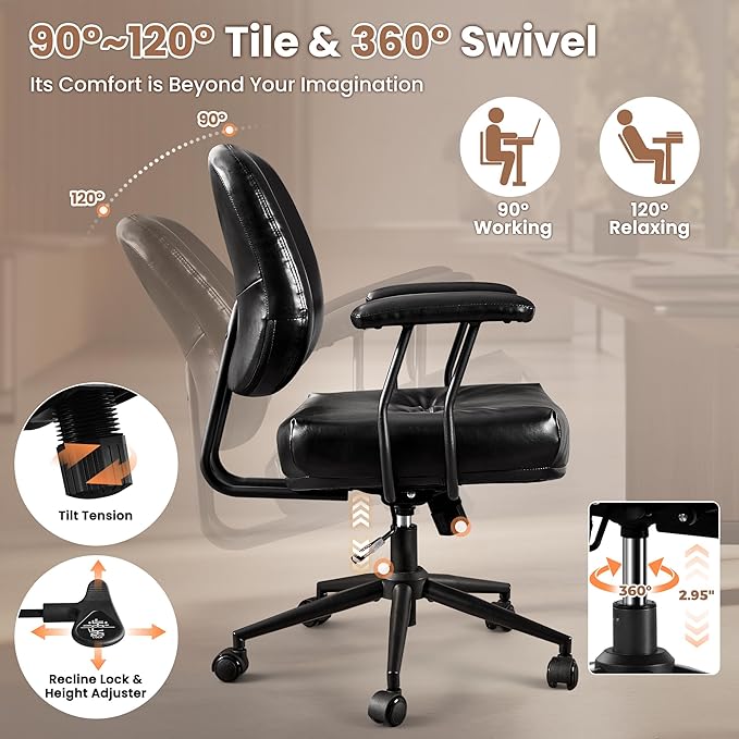 ovios Ergonomic Office Chair, Mid Back Faux Leather Executive Chairs with Thick Cushion, Comfy Mid-Century Modern Swivel Rolling Computer Armchair (Black, PU Leather)