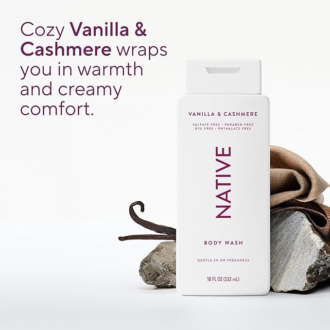 Native Body Wash Contains Naturally Derived Ingredients | For Women & Men, Sulfate, Paraben, & Dye Free Leaving Skin Soft and Hydrated |Vanilla & Cashmere 18 oz