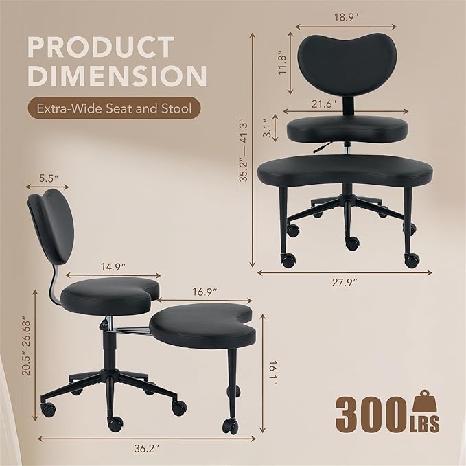 Ergonomic Cross Legged Chair with Wheels,360° Swivel Meditation Chair,ADHD Chair, Criss Cross Desk Chair with Lumbar Support and Adjustable Stool, Flexible Design for Fidgety Sitters, Black PU