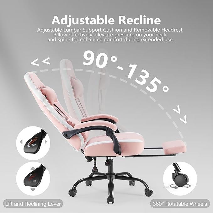 NEWBULIG Gaming Desk Chair - High Back Computer Office Chair with Footrest and Headrest, Comfy Ergonomic Lumbar Support with Linkage Armrests, Height Adjustable and 360° Swivel Wheels, Pink