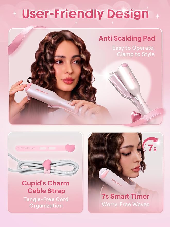 SHEGLAM Pink Beach Wave Hair Waver 0.75 inch - Lightweight Dual Voltage Crimper for Women, Smart Timer Double Barrel Tool with Adjustable Temps & Anti-Scald for Mermaid Waves on Short Hair