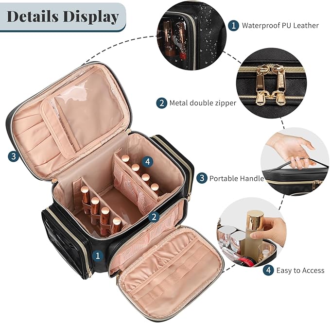 Large Makeup Bag, Portable Travel Makeup Bag Organizer for Women Girls with Makeup Brush Compartment & Two Side Pockets, Cosmetic Travel Bag Vertical Storage Toiletry Bag - Black