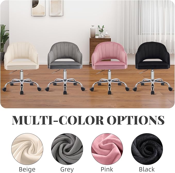 MOJAY Modern Vanity Chair with Wheels, Mid-Back Cutout Velvet Home Office Chair, Swivel Height-Adjustable Soft Seat Cute Desk Chair with Arm Support (Dove Grey)