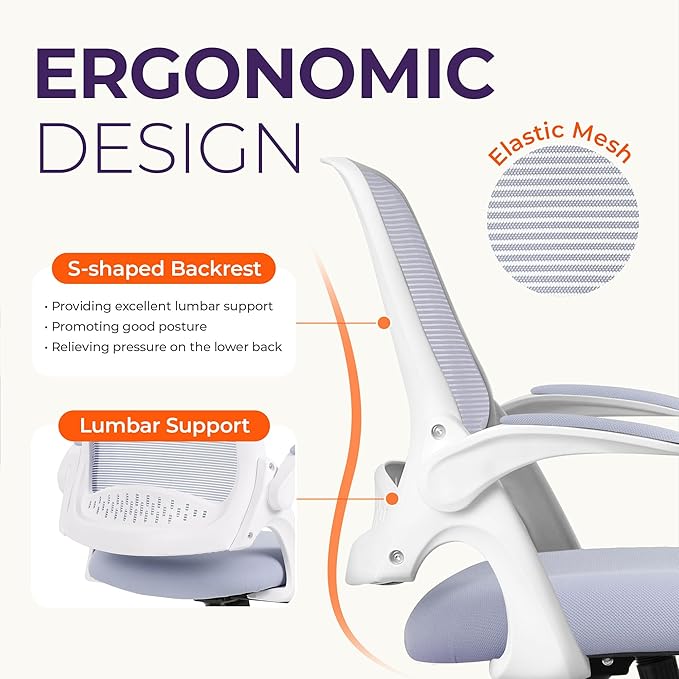 NEO Chair Office Desk Computer Gaming Ergonomic Chair with Lumbar Back Support Adjustable Height Swivel Wheels Flip-up Arms Mesh Chair for Home or Office (Purple)