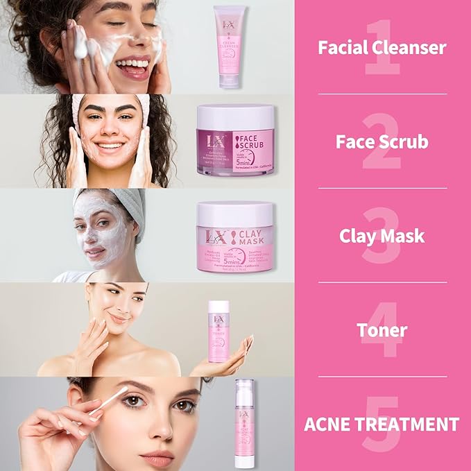 Daily Acne Essentials Kit - 5 Step Facial Skincare Set with Cleanser, Face Scrub, Clay Mask,Toner & Acne Serum, Complete Acne Skin Care Kit, Wash Away Impurities To Reveal Glowing Skin