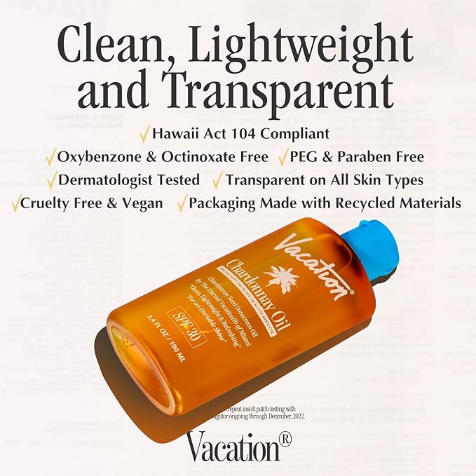 Vacation Chardonnay Oil SPF 30 & Air Freshener Bundle, Hydrating & Nourishing, Lightweight, Transparent on All Skin Tones, Water-Resistant, Travel Size Sunscreen, 3.4 Fl. Oz.
