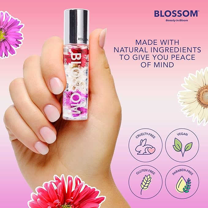 Blossom Roll on Lip Gloss, Scented Clear High Shine Moisturizing Lip Oil, Non Sticky, Infused with Real Flowers, Made in USA, 0.3 fl. oz./9ml, 3 pack Mini Gift Set, Strawberry, Watermelon, Mango