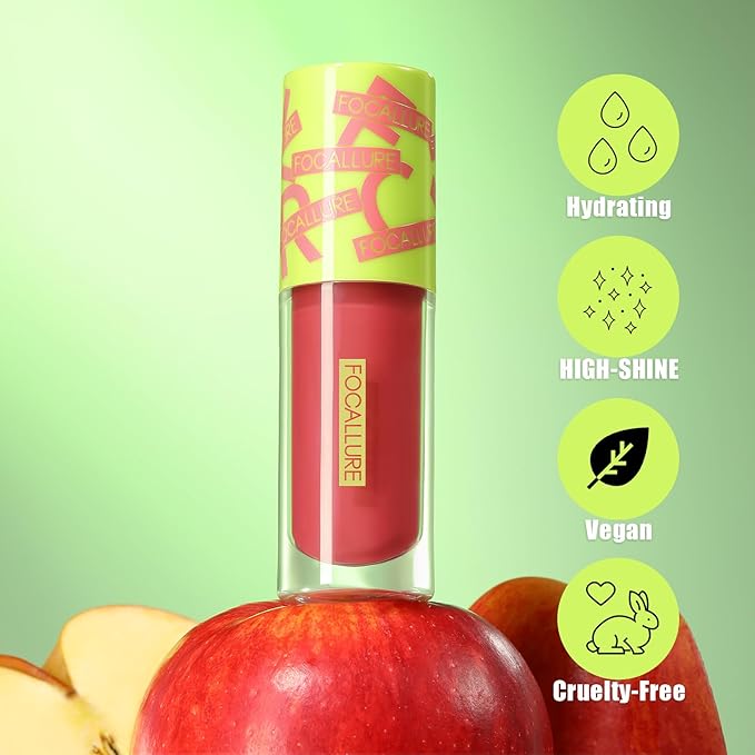 FOCALLURE Lip Oil,Moisturizing,Hydrating Lip Gloss,Transparent Toot Lip Glow Oil,Shiny Glossy Finish,Non-Sticky,Long Lasting,Tinted Lip Balm for Dry Lips and Lip Care,Candy Apple