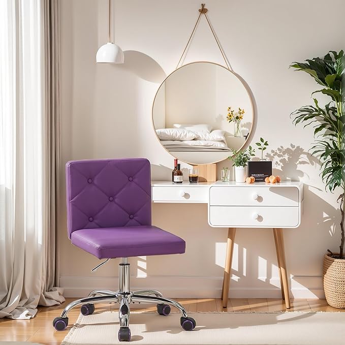 VECELO PU Leather Mid-Back Armless Vanity Chair Adjustable Height 360° Rolling Swivel for Home Office Work