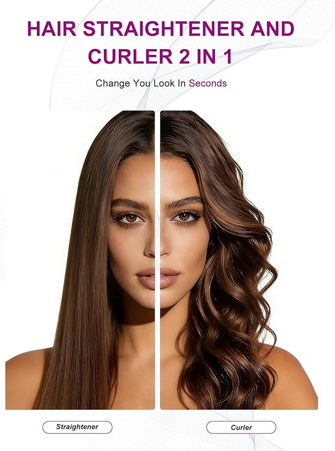 LANDOT 2-in-1 Hair Straightener Curling Iron - Twist Floating Plates for Curl & Straight, Anti-Frizz & Tangle-Free, Dual Voltage Adjustable Temp 250-450°F for All Hair Types