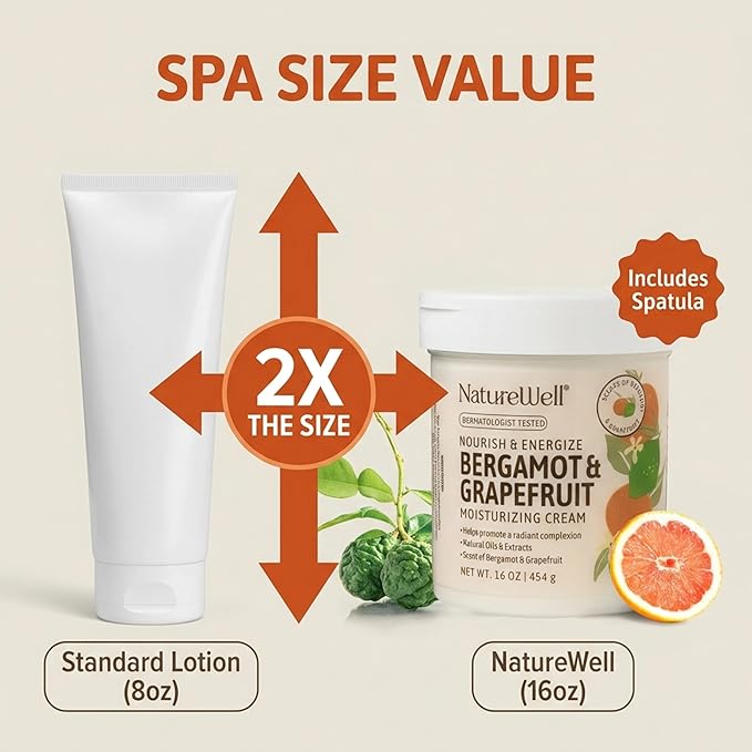 NATURE WELL Bergamot & Grapefruit Nourish & Energize Moisturizing Body Cream for Dry Skin, Infused with Natural Oils & Extracts, Non-Greasy, Lightweight, Helps Promote a Radiant Complexion, 16 Oz