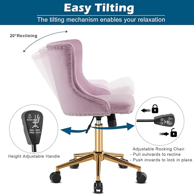VINGLI Mauve Purple Armless Home Office Desk Chair with Gold Base/Wheels, Small Cute Vanity/Makeup Chair with Back for Bedroom, Upholstered Adjustable Rolling Swivel Nail Chair for Women/Girls