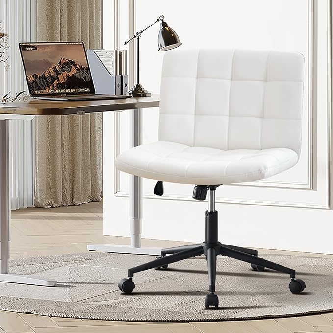Furnimart Swivel Criss Cross Legged Chair with Wheels for Home Office, Wide Armless Desk Chair Height Adjustable Comfy Seat for Desk,Vanity, Bedroom, PU Ivory White