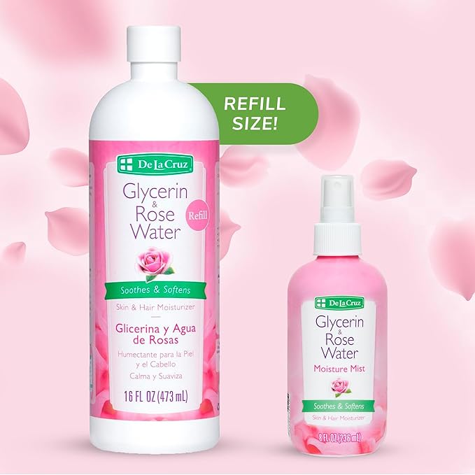 De La Cruz Rose Water and Glycerin for Face, Rosewater Facial Toner & Moisturizer for Skin & Hair, Rose Water for Hair, 2-Bottle Bundle - 16oz & 8oz, Made in USA.