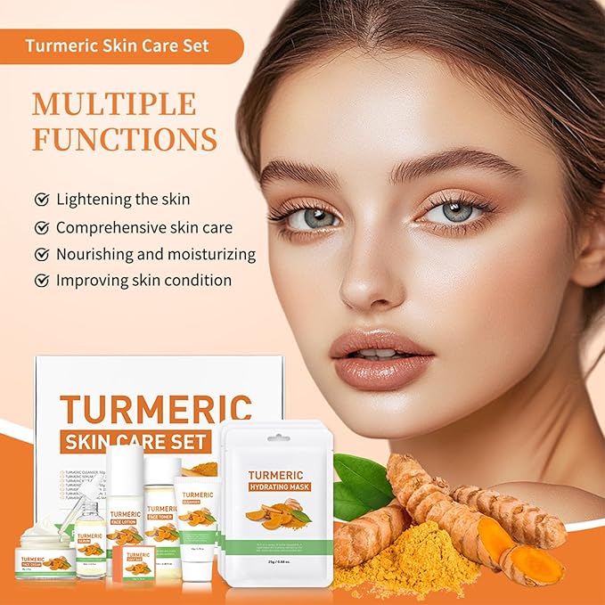 Turmeric Skin Care Set, 9 Pcs Turmeric Skin Care Kit with 3 Sheet Masks, Soap Bar, Face Wash, Toner, Serum, Face Moisturizer Cream, Face Lotion, Reduce Acne, Christmas Gifts for Women Girls