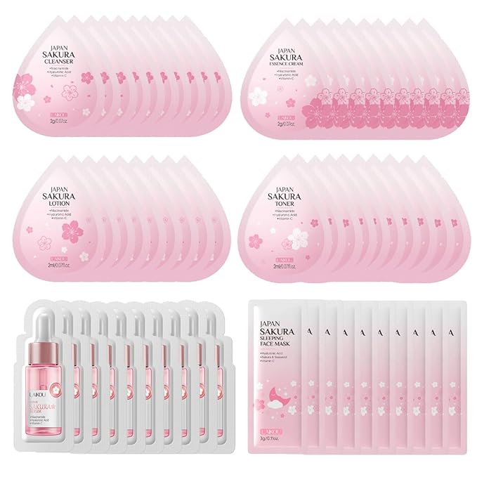 Sakura Travel Skincare Sets, 60pcs Mini Travel Skin Care kit Including Cleanser, Toner, Lotion, Serum, Cream, Sleepping Mask