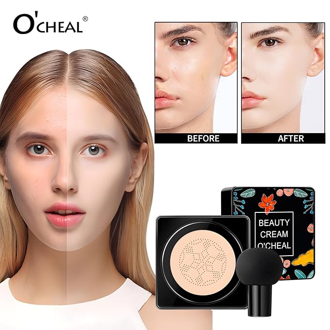 O'CHEAL Mushroom Head Air Cushion CC Cream,BB Cream Foundation Cream for Face Makeup Concealer Cushion for Face Comestics Make Up Long-Lasting Cushion Compact 02#NATURAL