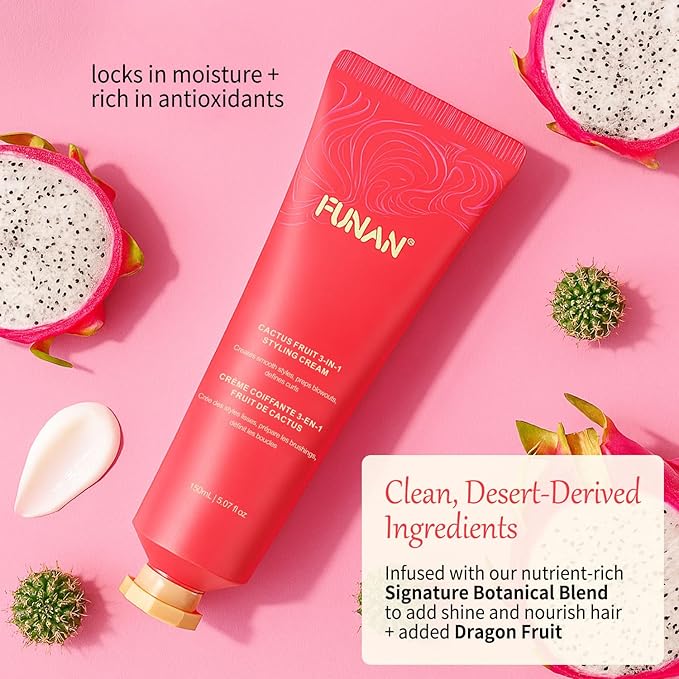 Cactus Fruit 3-In-1 Styling Cream - Smooth Styles, Prep Shiny Blowouts, Defines Curls (5.07 oz.), No Chemical Flavors Fly Away Hair Tamer.