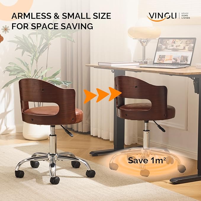 VINGLI Armless Home Office Desk Chair, Adjustable Swivel Chair,Dual-Use with/no Wheels,Small Retro Designed Walnut Curved Task Chair,Cushioned Nail Tech Chair for Study Area,Workspace,PU,Brown