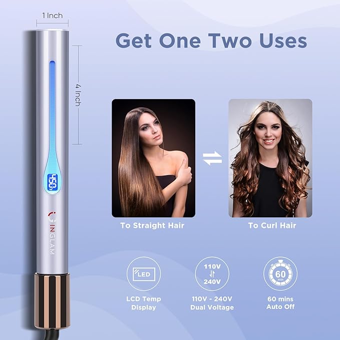 IG INGLAM Titanium Flat Iron Hair Straightener, Curling Iron 1 Inch, Infrared Negative Ionic Hair Straightener 11 Adjust Temp 250°F to 450°F, Shiny Hair Dual Voltage 110-240V, Gift, Purple