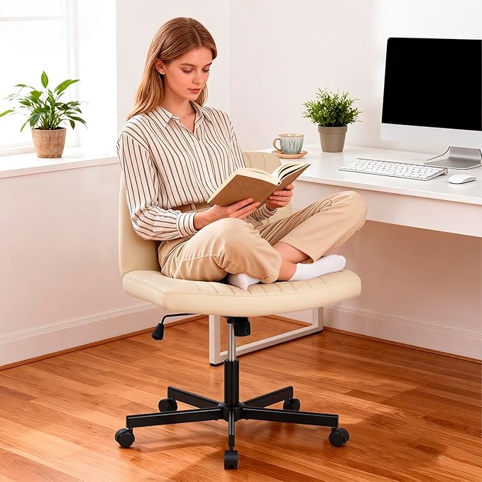 PayLessHere Criss Cross Chair Wide, Armless Office Desk Chair,Backrest Vanity Chair with Wheels 360 Swivel, Height Adjustable for Home Office, Home Office Beige