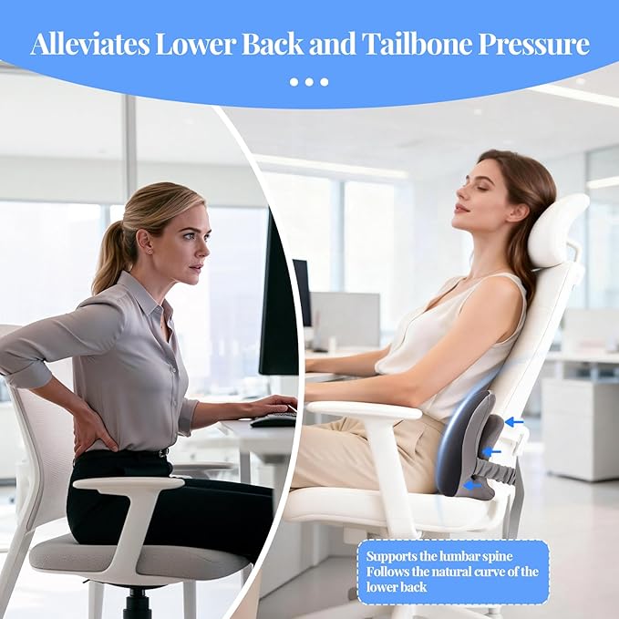 Lumbar Support Pillow for Car, Memory Foam Back Cushion Provides Lumbar Support to Relieve Back Pain, Ideal for Driving Cars and Office Chairs as a Back Support Pillow (Grey)