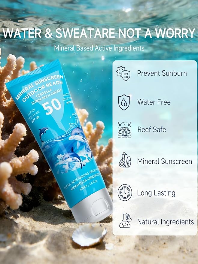 Reef Safe Sunscreen SPF 50, Travel Size Zinc Oxide Mineral Sunscreen, Natural Organic Centella Extract, Lightweight No White Cast, Non-Greasy, For Women & Men, Outdoor Beach Home Office Daily Use, 2PC