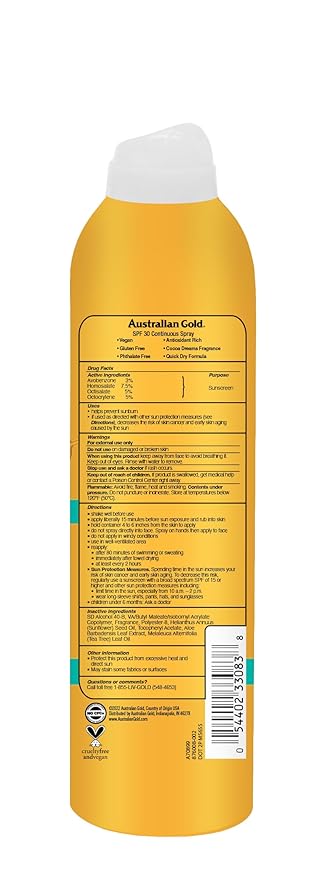 Australian Gold Continuous Spray Sunscreen SPF 30, 6 Ounce Dries Fast Broad Spectrum Water Resistant Non-Greasy Oxybenzone Free Cruelty Free