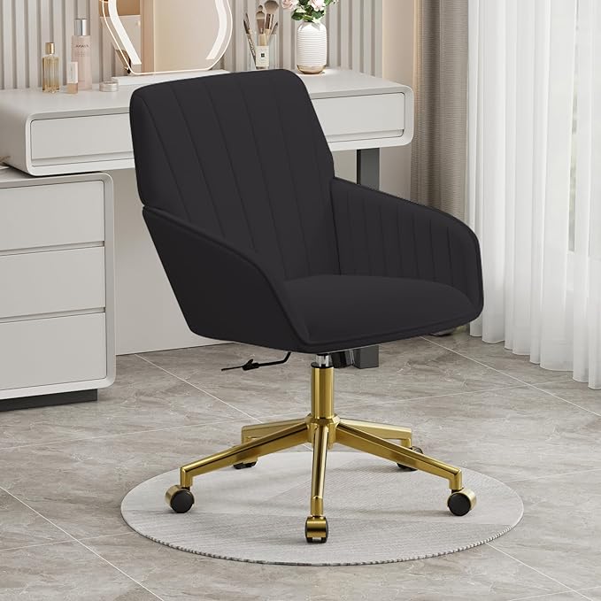 YISHENG Velvet Home Office Chairs with Gold Base, Height Adjustable 360 Degree Swivel Desk Chair with Wheels, Upholstered Tufted Modern Vanity Chairs for Living Room, Bedroom,Study Room (Black)