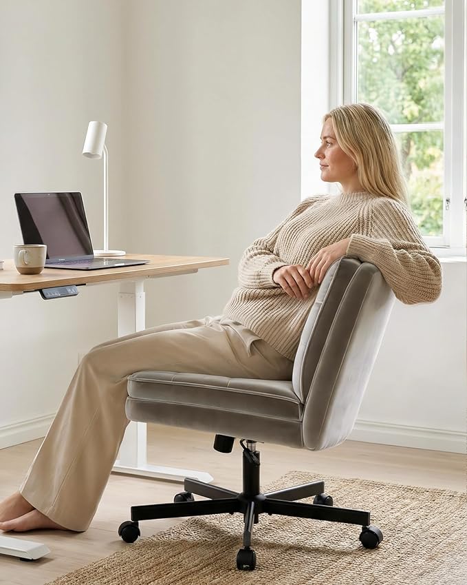 COMHOMA Criss Cross Office Chair with Wheels Armless Desk Chair Comfy, Modern Vanity Chair for Home Bedroom, Comfortable Wide Seat for Lower Back Pain Relief, Soft Velvet, Gray